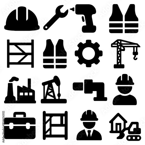 Construction and Industry Icons: A collection of meticulously crafted icons represents the world of construction and industry. Each icon showcases essential tools, symbols, and elements of this field.