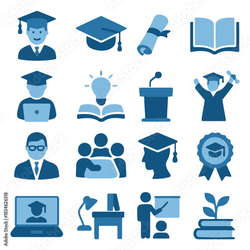Icons of Learning and Achievement: A curated collection of educational icons, each representing facets of the learning journey from academic study to graduation, and the pursuit of knowledge.