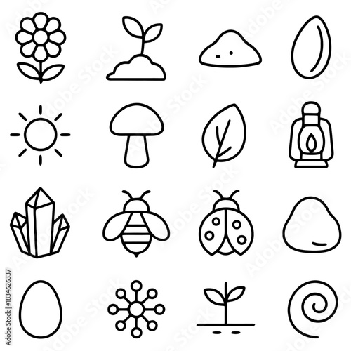 Nature Icons Collection: An assortment of line art icons representing diverse elements found in nature, illustrating the beauty and intricacy of the natural world.