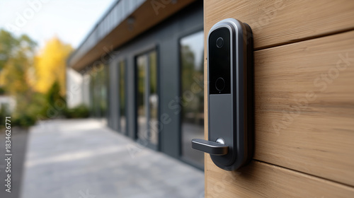 Modern Smart Door Lock on Wooden Entrance of Contemporary House Showcasing Innovative Home Security Solutions and Sleek Design Features for Effortless Living