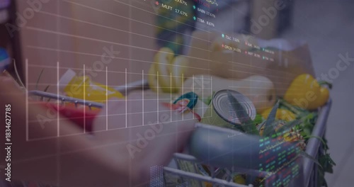 Hand pushing shopping cart, finance charts appearing and layering over groceries for budgeting