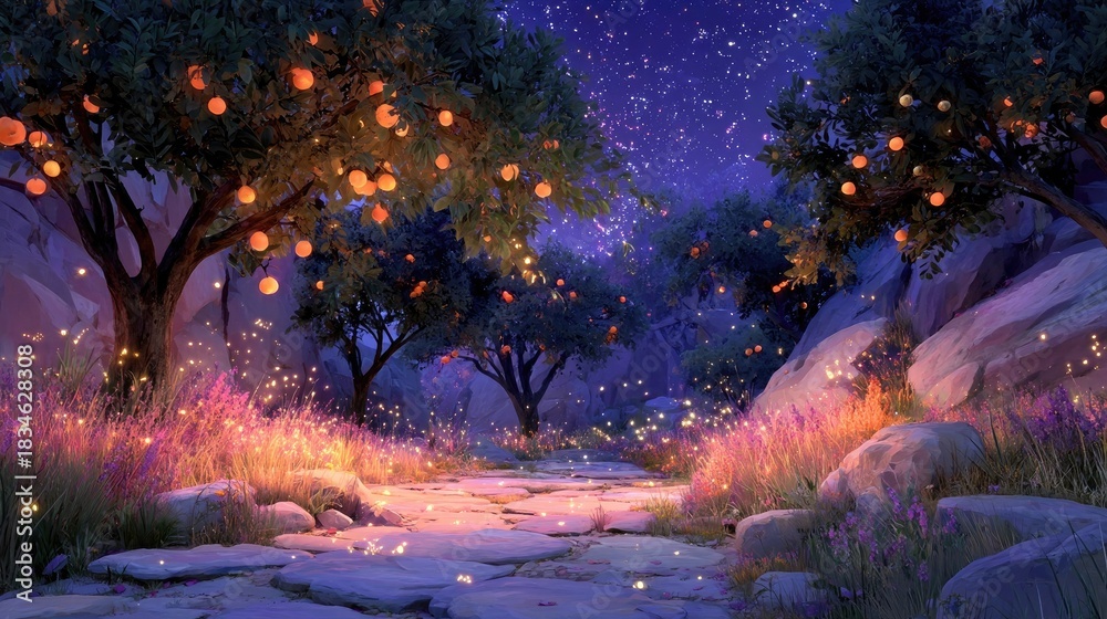 Fototapeta premium Magical Orchard Path Illuminated by Glowing Lights at Night