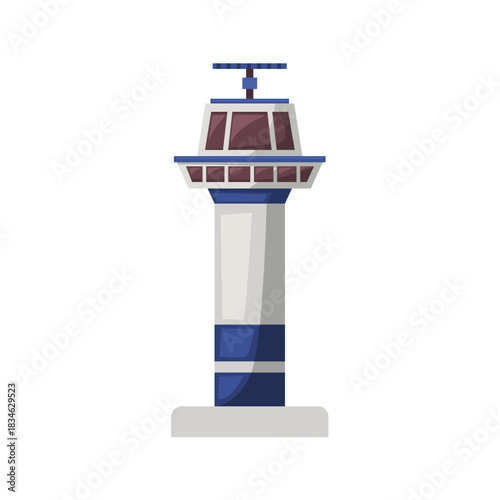 Airport control tower vector illustration, airport control tower icon, aviation traffic monitoring tower architecture air navigation supervision vector image, isolated on white background
