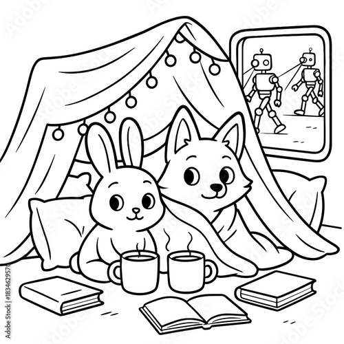Cozy Companions: An adorable bunny and fox enjoy a snug retreat, wrapped in blankets with warm drinks, amidst books and glowing fairy lights, watching a robotic tale on the screen.