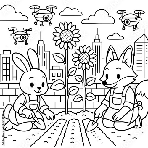 City Garden Harmony: A captivating scene unfolds as a diligent rabbit and a clever fox collaborate in their urban garden, surrounded by skyscrapers and a playful drone.