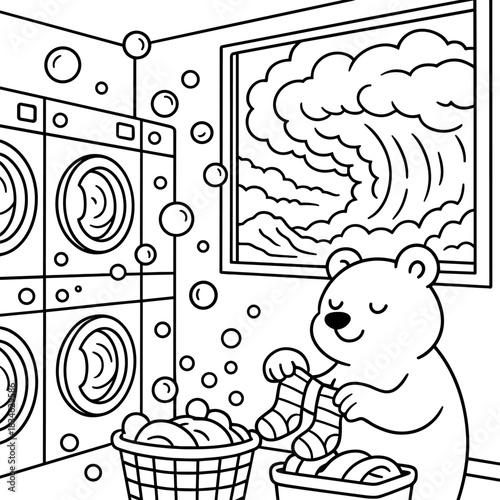 Laundry Day Serenity: An animated bear, immersed in a moment of tranquil domesticity, hangs his socks. In this gentle illustration, a cascade of bubbles.