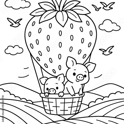 Strawberry Balloon Adventure: Two cheerful piglets float over rolling hills in a whimsical strawberry-shaped hot air balloon. Capturing the essence of childhood wonder and fantasy.