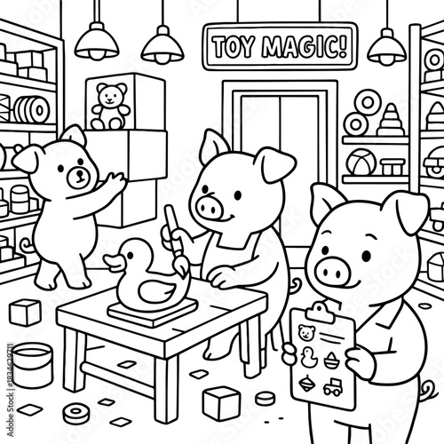 Toy Magic Shop: Charming cartoon pigs create and inspect toys in a whimsical toy shop, embodying the magic of childhood.