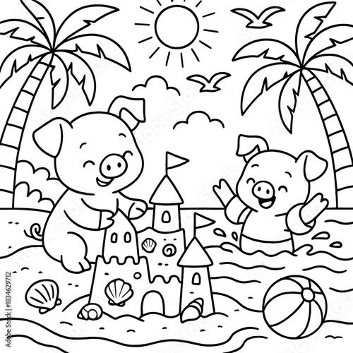 Summer Fun for Playful Piglets: Two cheerful piglets build a whimsical sandcastle on a sunny beach, embracing the carefree spirit of summer with smiles and joy.