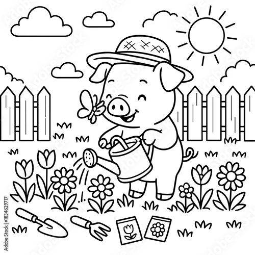 Garden Bliss: An animated pig tending to its garden, watering vibrant flowers with a cheerful smile, alongside a delicate butterfly.