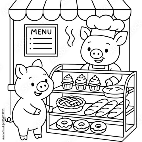 Bakery Delights: A whimsical illustration of a bakery with two adorable pig characters, showcasing an array of treats including cakes and breads, each crafted with love and care.