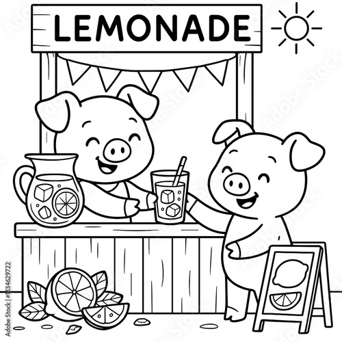 Piglet's Lemonade Stand: Charming illustration of two happy piglets running a lemonade stand, serving refreshing drinks on a sunny day.