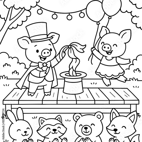 Cute Pig Performing Magic: Adorable pigs captivate the crowd with a whimsical magic trick, conjuring ribbon from a hat, whilst another piglet is flying with balloons and other adorable animals.
