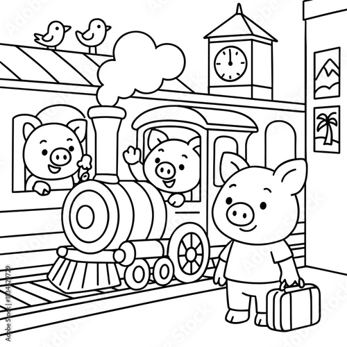 Cartoon Adventure: Animated pigs embark on an exciting railway journey, with one waving from the train, symbolizing travel and adventure. The scene captures the innocence of childhood.