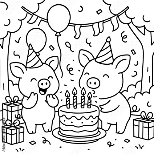 Birthday Celebration of Joyful Piglets: Two charming piglets are celebrating birthday joyfully with festive decorations, cake, and gift presents in a delightful forest setting.
