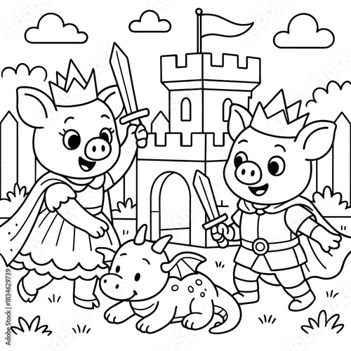 Royal Playtime: Two royal pig characters engage in playful knightly adventures, with a castle backdrop, exuding charm and youthful exuberance.