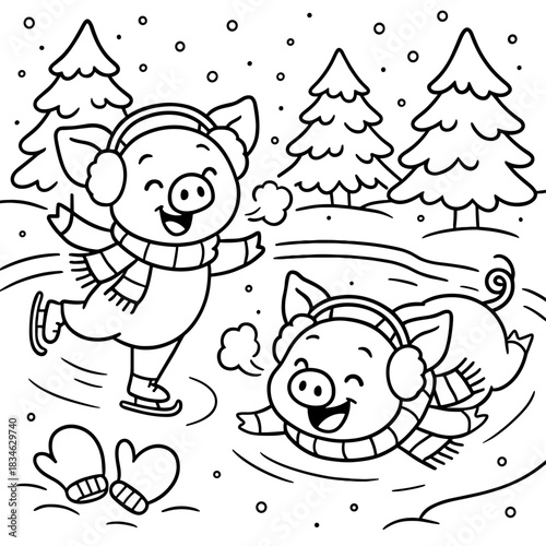 Winter Piglet Frolic: Two cheerful piglets embrace winter joyfully, one gliding on ice skates while the other playfully rolls in the snow, surrounded by whimsical trees and falling snowflakes. 