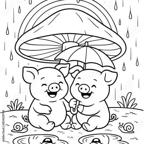 Piglets Under Rain Protection: Two cheerful piglets seek shelter from a gentle rain, huddled under a whimsical mushroom and a small umbrella, sharing a moment of cozy togetherness.