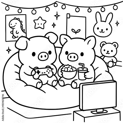 Pig pals' Cozy Gaming Night: Two charming pig characters immersed in a playful scene, sharing popcorn and beverages, engrossed in a video game in their delightful haven.