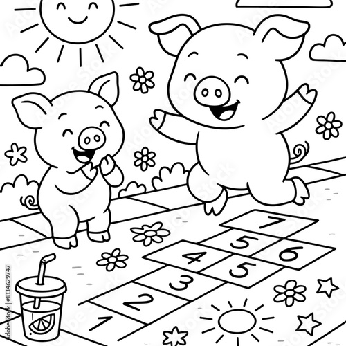 Whimsical Pig Playtime: Two cheerful cartoon pigs frolic on a hopscotch course under a smiling sun, surrounded by playful floral details, and with a refreshing beverage nearby.