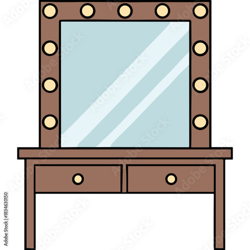Brown Vanity Table With Drawers And A Lighted Mirror Featuring A Reflection In A Simple Clean Style Illuminated By Warm Yellow Lights Overhead And A Clear Blue Sky Reflected In The Mirror