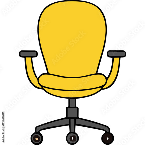 Bright Yellow Office Chair with Armrests and Casters on a Black Background Simple Flat Design Illustration
