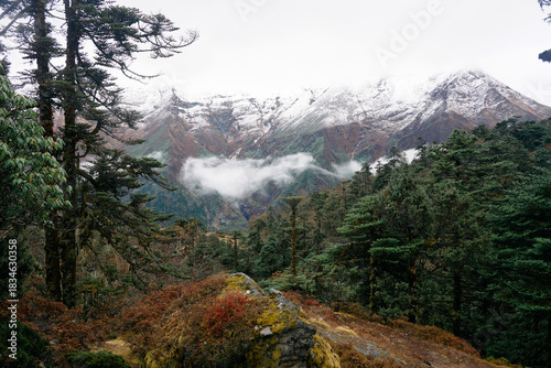 Mountains rise above trees with clouds hovering in a valley under gray sky in the Himalayan region of Nepal during autumn season