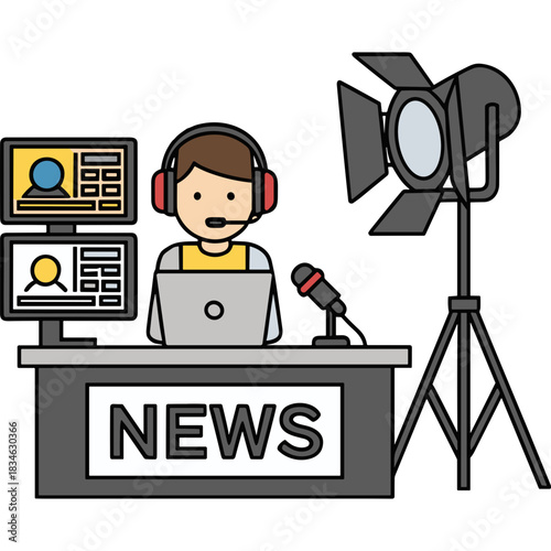 Broadcast Journalist At News Desk With Laptop And Monitors In A Television Studio With Professional Lighting Equipment And Microphone Ready For Live Reporting