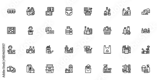 Supermarket icon set. Vector illustration. Includes ymbols for eggs, meat, chese, seafood, bakery, cashir, delivery, cleaning prodcts, cosmetics and more.