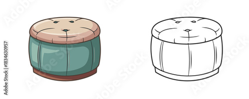 Pouf ottoman stool seat upholstered with button tufting furniture colorful and outline vector illustration isolated on white background for interior design decor