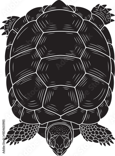 Black and white graphic illustration of a sea turtle, top view, showcasing its detailed shell and flipper patterns.