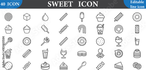 A collection of 40 sweet icon designs featuring various desserts and sugary treats in line art