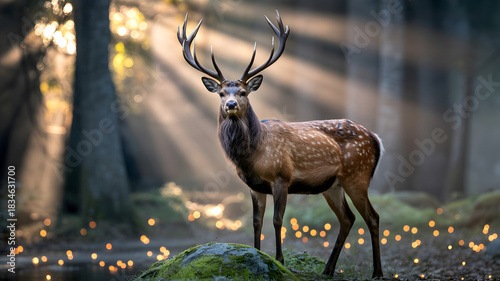 Majestic deer with antlers in a mystical forest with sun rays