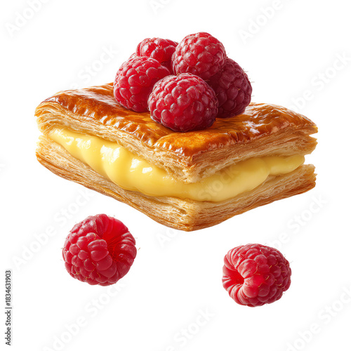 Delicious pastry with custard and raspberries. Isolated trasparent Png