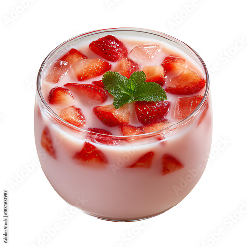 Strawberry dessert in a glass with mint garnish. Isolated trasparent Png