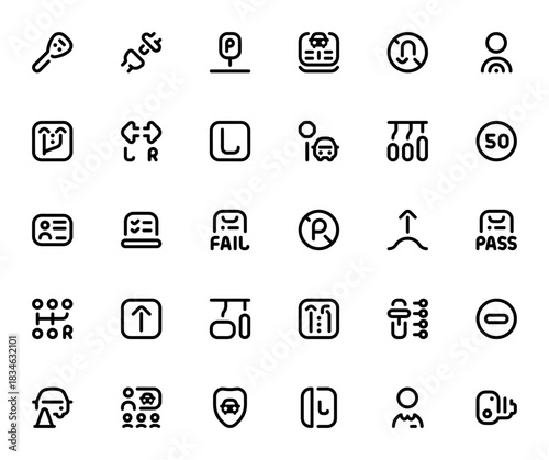 Driving School icon set. Vector illustration. Includs symbols for car key, safty belt, parking, L plate,stop, traffic cone, drivers license, speed limit andmore.