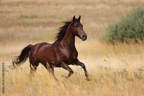 Majestic brown horse galloping across golden grassland under a clear blue sky