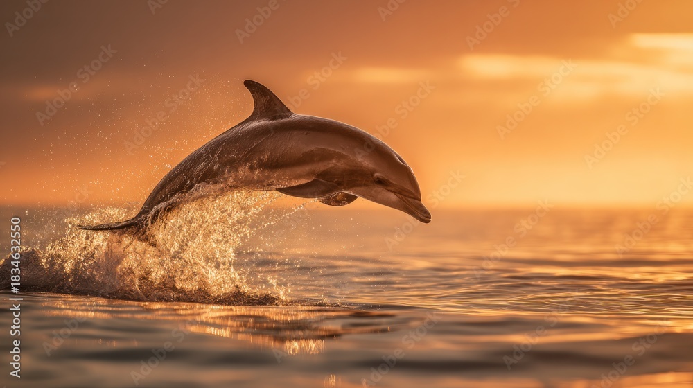 Fototapeta premium Dolphin leaping from water at sunset