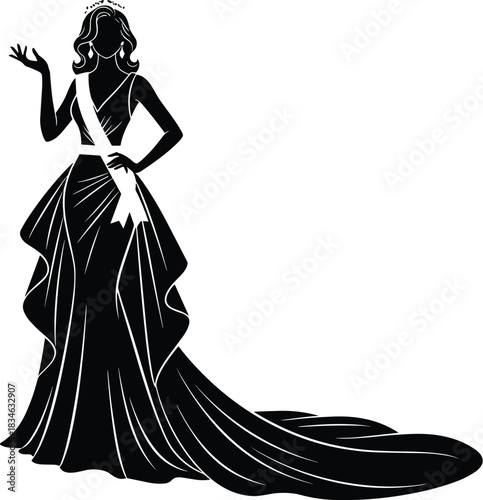 Black Silhouette of a Beautiful Pageant Queen or Beauty Contestant Wearing a Long Gown, Sash, and Tiara, Isolated Vector Illustration.v