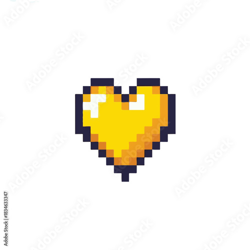 A vibrant yellow pixelated heart symbol representing love, life, or a power-up in a retro arcade video game. Vector graphic design element isolated on white