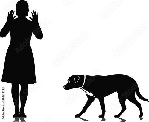 Woman silhouette hands up vector illustration, large dog walking beside, fearful or surprised expression, protection, obedience, companion, or caution concept graphic