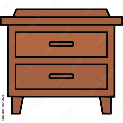 Brown Wooden Two Drawer Nightstand With Black Outline On A Black Background