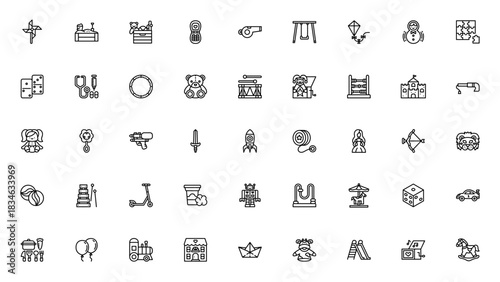 Toys icon set. Playful vector illustrations. Include symbols for pinwheel, sanbox, doll, teddy bear, rocet, scooter, robot, racingcar, balloons and more. Edtable stroke.