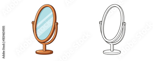 Table makeup mirror with wooden oval frame and adjustable stand furniture colorful and outline vector illustration isolated on white background beauty accessory