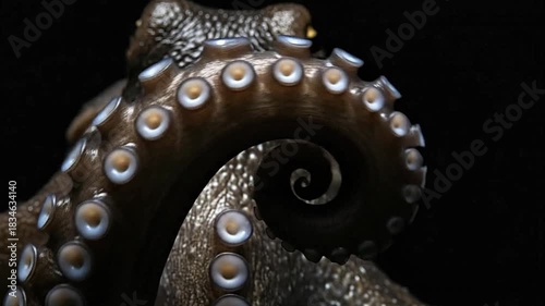 Closeup of octopus arm with rows of suction cups against a black background