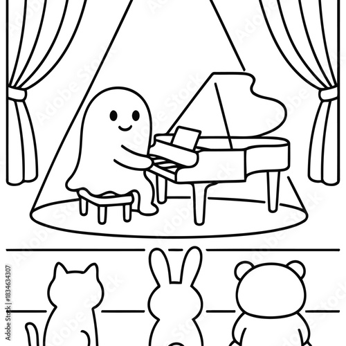 Melody from the beyond: A whimsical illustration depicts a friendly ghost serenading an audience with a piano, creating a heartwarming scene.