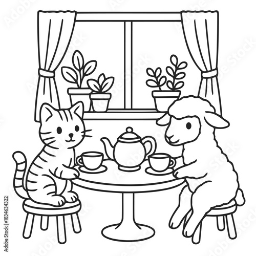 Cozy Companionship: An adorable cat and a friendly sheep share a peaceful moment, sipping tea at a charming table, creating a delightful scene of friendship and comfort.