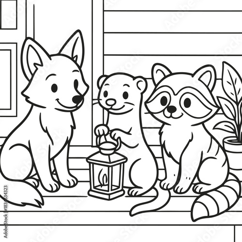 Friendly Gathering: A charming illustration depicts a heartwarming scene of a fox, otter, and raccoon, happily together. Their adorable friendship shines brightly.