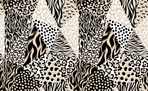 Seamless patchwork pattern. Hand draw animals pattern in vector. Tribal animals collage pattern.