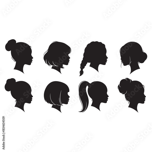 Woman heads in profile. Beautiful female faces profiles vector silhouette